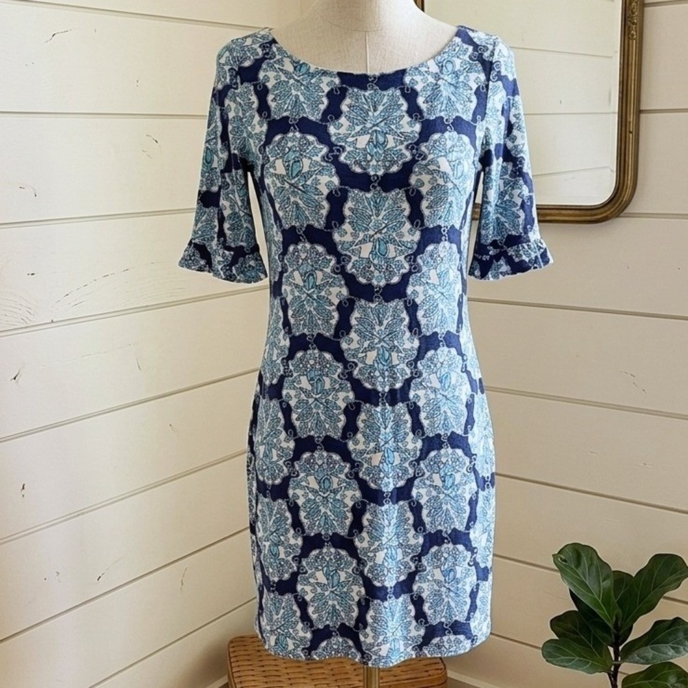 Lilly Pulitzer T-Shirt Dress Blue Shell Print Ruffle Sleeve Preppy Resort Medium